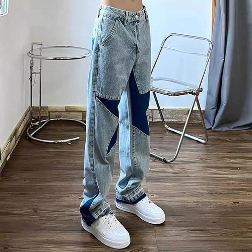 American Hip Hop Pentagram Stitching Jeans Men Women Summer New High Street Retro Washed Loose Straight Pants Tide