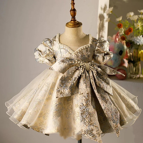 Girls Spanish Floral Pearls Ball Gown Baby Princess Dresses Infant Birthday Christening Dress Girl Boutique Clothes