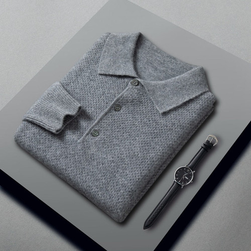 New Polo Collar Men Sweaters Autumn Winter Loose Casual Soft Warm 100% Cashmere Sweater Kniited Pullovers