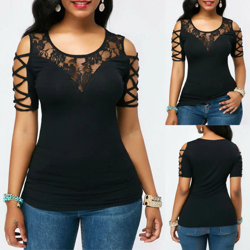 Women Lace T-shirt Solid Color Mesh Round Neck Short Sleeve Bandage Hollow Out Slim Tee Top Summer Casual Tops