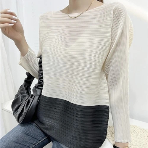 Summer New Tops Matching T-shirt Pleated  Clothes Women Casual Color Contrast Stitching Basic Clothing Tops