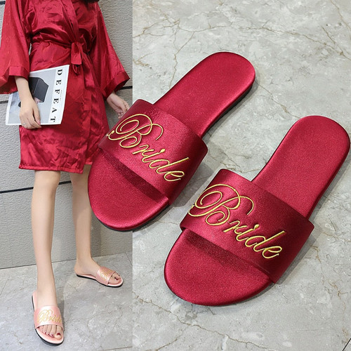 Women Indoor Slippers Brides Bridesmaid Outdoor Silk Slippers Anti-slip Summer Wedding Shoes Woman Slides