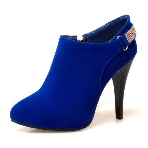 Woman Ankle Boots Pointed Toe Thin Heels Flock Suede Leather Zipper Rhinestone Weeding Blue Black