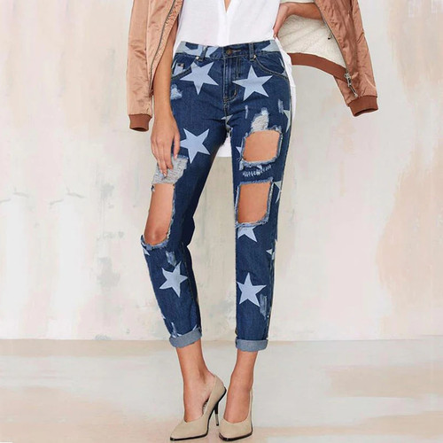 Autumn Ripped Jeans for Women Five-pointed Star Hole Jeans Hip Hop Denim Pants Boyfriend Jeans