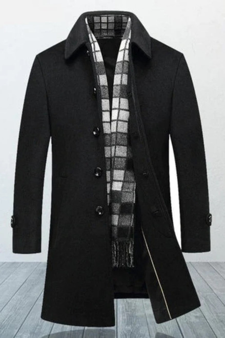 Winter Men Wool Coat Male Slim Fat Business Casual Black Pea Coat With Scarf Men Clothing Overcoat