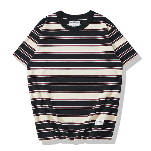 Irregular Striped T-Shirt Men Heavy Weight High Quality Casual Contrast Color Short Sleeve Loose O-Neck Tees Tops