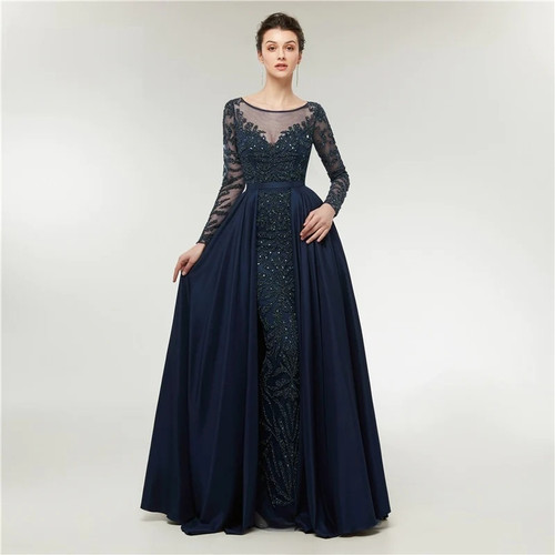 Evening Dress Mermaid Long Sleeves with Train Navy Blue Beads Crystal Formal Prom Evening Gown