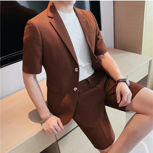 (Jacket+Shorts) British style Men in the summer Leisure Short Sleeve Suits/Male Slim Fit Fashion Blazers