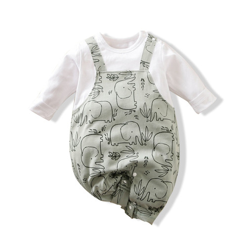 100% Cotton Baby Boy/Girl All Over Cartoon Elephant Faux-two Long-sleeve Jumpsuit