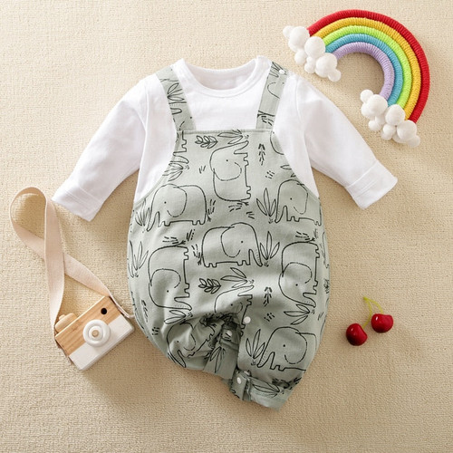 100% Cotton Baby Boy/Girl All Over Cartoon Elephant Faux-two Long-sleeve Jumpsuit