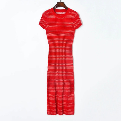 Midi Long Knitted Dress For Women Summer Cutout Short Sleeve Striped Sheath Thin Slim Bodycon Sweater Dress