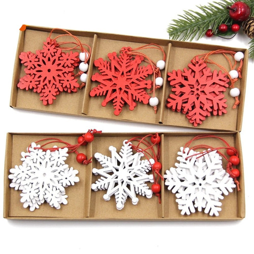9PCS/Box Snowflakes Christmas Wooden Pendant Ornaments White Red Snowflakes DIY Hanging Ornaments Christmas Decorations Gifts