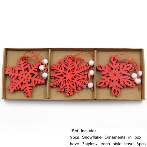 9PCS/Box Snowflakes Christmas Wooden Pendant Ornaments White Red Snowflakes DIY Hanging Ornaments Christmas Decorations Gifts