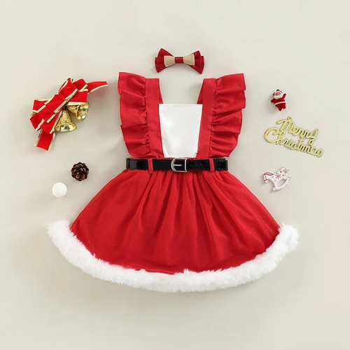 Toddler Kids Girls Christmas Dress Contrast Color Ruffles Sleeveless Plush Trim Hem Dress with Belt and Hairpin
