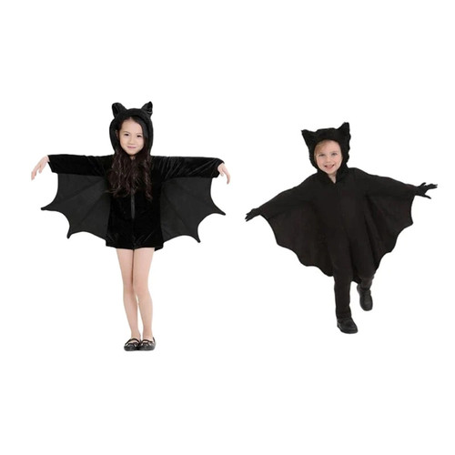Kid Girls Black Bat Costume Halloween Hooded Jumpsuit Romper Cosplay Outfit With Wings Ears Stockings For Child Teen Girls
