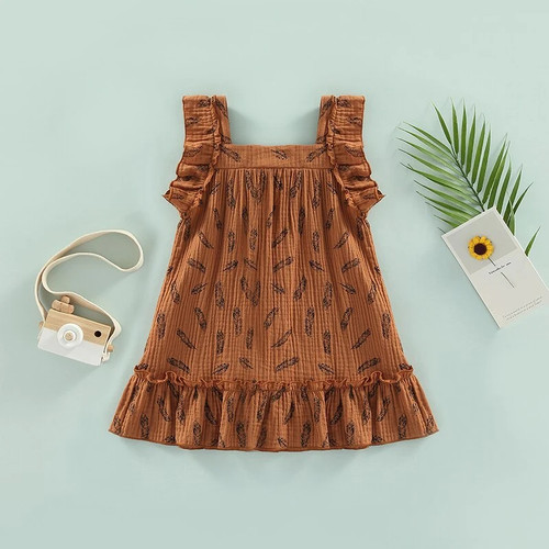 0-36months Toddler Girl Casual Sleeveless Summer Dress Fashion Feather Printed Square Collar Princess A-Line Dress For Girls