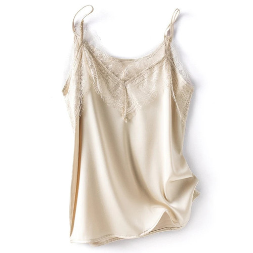 Silk Camisole with Big Lace Designed Ice Silk Lace Sling Bottoming Satin Women Top Summer Sleeveless Camis Sexy Lace Camisole