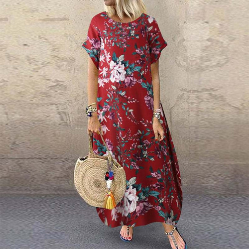 Summer Beach Dress Women's Printed Sundress Casual Short Sleeve Maxi Female Floral Robe Oversized