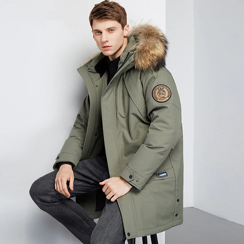 Men Winter White Duck Down Jacket Warm Mid-Length Hooded Thick Business Plus Size Men Tooling Clothing