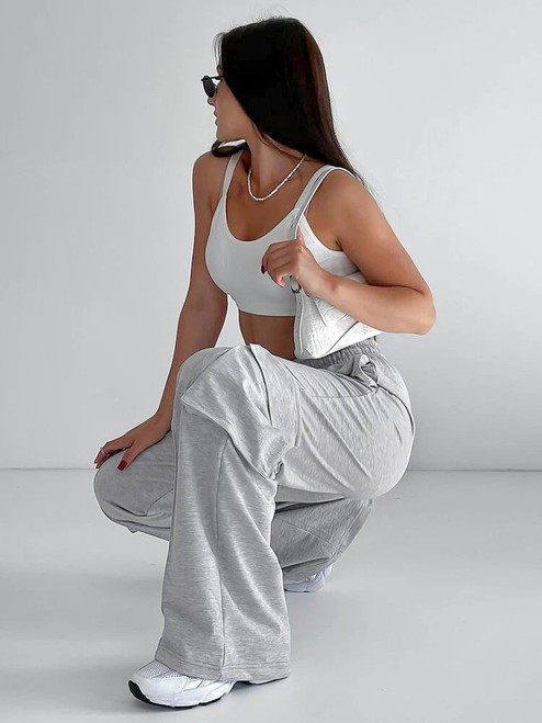 Casual Women Gray Sweatpants Winter Double Pockets Drawstring Pants Sportswear High Waisted Wide Women Pants