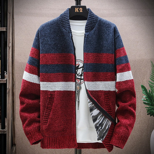 Autumn O-Neck Mens Thick Sweaters with Velvet Men Cardigan Knitted Sweatercoats Patchwork Jacket