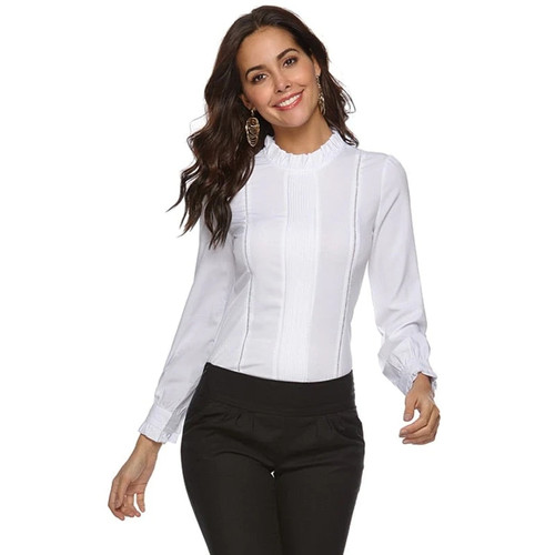 Autumn Frilled Collar White Shirt  Long Sleeve Pleated Body Shirt Elegant Top Slim Zipper Up Office Ladies Bodysuit
