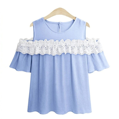 Vacation Boho Bohemian Cold Shoulder Short Sleeve Lace Patch Blouse Summer Women Weekend Casual Shirt Top
