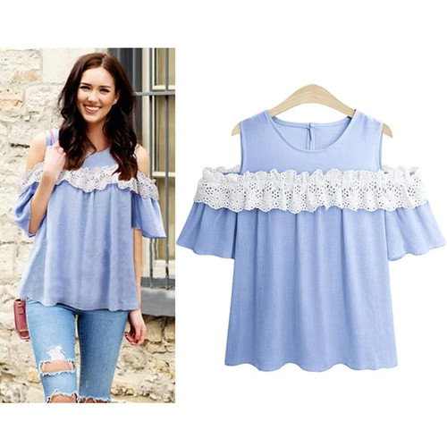 Vacation Boho Bohemian Cold Shoulder Short Sleeve Lace Patch Blouse Summer Women Weekend Casual Shirt Top