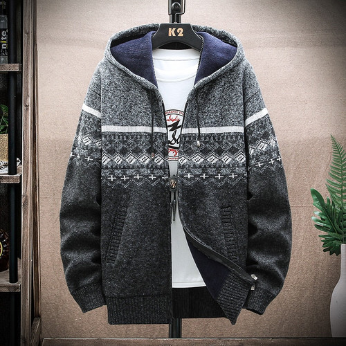 Autumn Hooded Men Thick Sweaters with Velvet Men Cardigan Knitted Sweater coats Patchwork Jacket