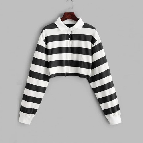 Buttons Striped T-Shirt Casual Autumn Winter Ladies Loose Tee Crop Tops Female Women Long Sleeve Shirt Pullover