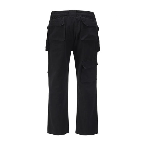 Multi-pockets Straight Flare Pants Mens High Street Elastic Waist Solid Loose Casual Cargo Pants Hip Hop Baggy Trousers