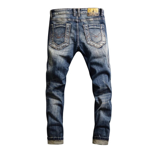 Jeans Retro Blue Elastic Slim Ripped Jeans Men Patchwork Vintage Designer Casual Stretch Denim Pants