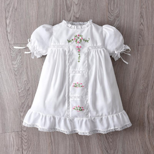 Spanish Style Girls Boutique White Cotton Dresses Baby Hand Made Embroidery Flower Long Frocks Infant Baptism Dress Clothes-1