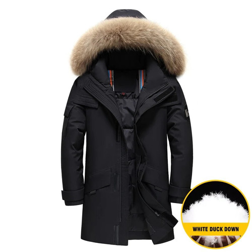 Winter New Big Fur Collar 90 White Duck Down Puffer Jacket Men Couples Mid-length Thick Warm Coat Male