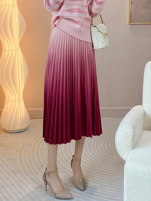 Autumn Elegant Gradient Color Pleated Skirt Long Women Elastic Waist Casual Midi Party Female