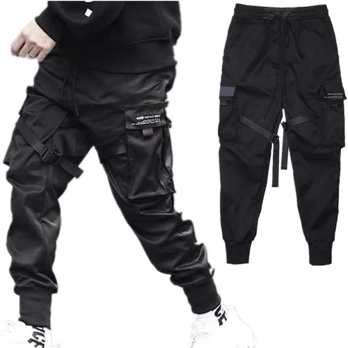 Hip Hop Boy Pockets Elastic Waist Harem Pant Men Streetwear Punk Casual Ribbons Design Trousers Jogger Male Dancing Black Pant