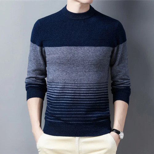 100% Merino Wool Striped O-Neck Sweater Men Clothing Autumn Winter New Arrival Classic Pullover Pull