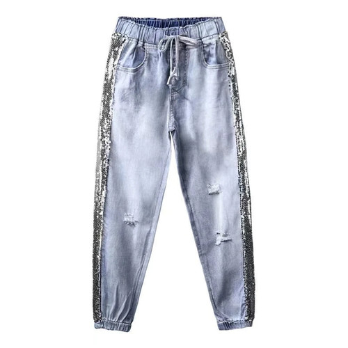 Sequins Ankle Length Jogger Jeans Spring Summer Lady Light Blue Elastic Waist Capris Jean Denim Pants