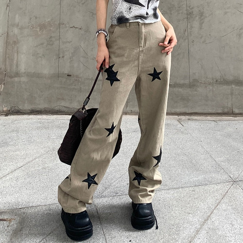 Vintage Straight Pants For Women Loose Casual Star Print Wide Leg Jeans Trousers with Pockets Aesthetic Streetwear