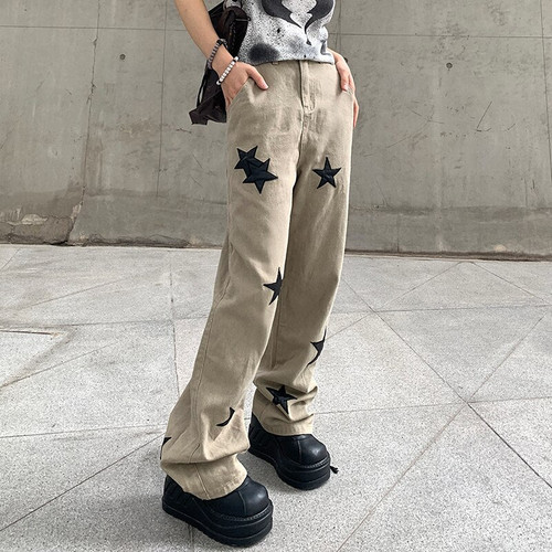 Vintage Straight Pants For Women Loose Casual Star Print Wide Leg Jeans Trousers with Pockets Aesthetic Streetwear