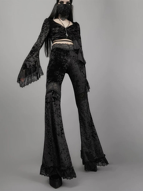 Mall Goth High Waist Flared Pants Aesthetic Sexy Lace Patchwork Trousers Women Vintage Elegant Velvet Christmas Pants