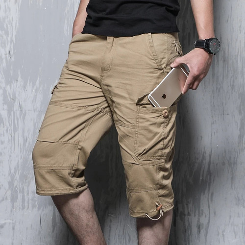 Summer Mens Cargo Shorts Solid Cotton High Quality Knee Length Male Shorts Bermuda Military Casual Work Short Pants Men