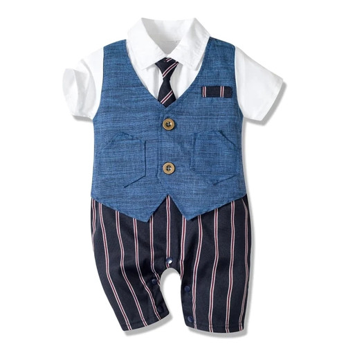 Baby Boy Clothes Summer Cotton Formal Romper Gentleman Tie Outfit Newborn One-Piece Clothing Handsome Button Jumpsuit Party Suit