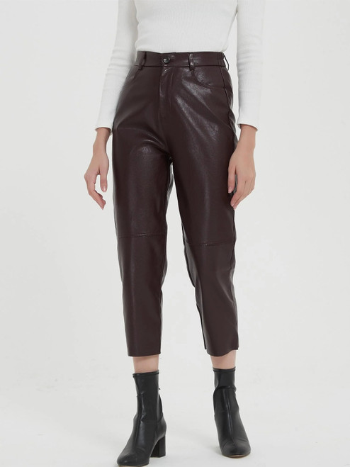 Faux Leather Pants Women Classic Vintage Office Lady High Waist Ankle-length Pants Autumn Winter
