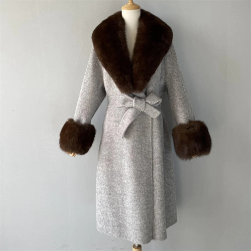 Cashmere Coat 100% Real Fox Fur Collar Ladies Autumn Winter Warm Long Coats Solid Belt Outerwear