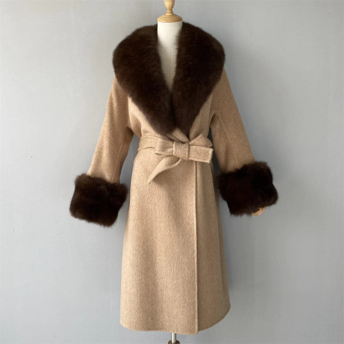 Cashmere Coat 100% Real Fox Fur Collar Ladies Autumn Winter Warm Long Coats Solid Belt Outerwear