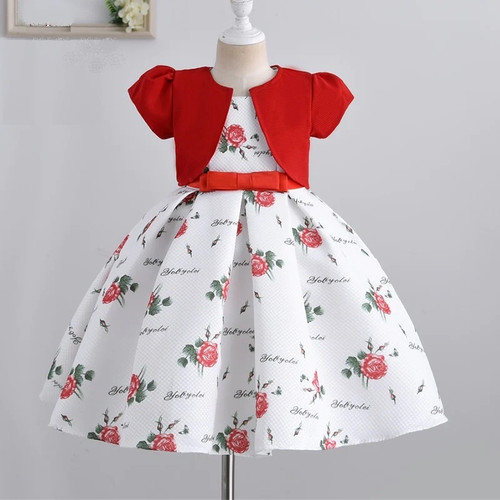 Girls Dress Autumn Printing floral Kids Dresses Baby Girls ball gown Party Clothes with short sleeve coat