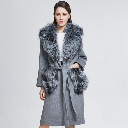 Women Real Fur Coats Lady Woolen Parka Female Real Fox Fur Clothes Outerwear New Long Style