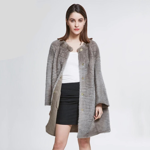 Women Real Mink Fur Coat Lady Natural Fur Knitted Stripes Outerwear Female Fur Overcoat