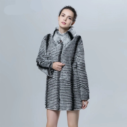 Real Rex Rabbit Fur Coat Knitted  Striped Style Autumn Warm Women Long Luxury Stand Collar Chinchilla